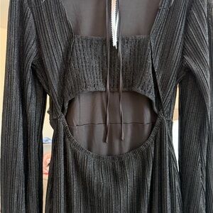 Elegant Black Shimmer Pleated Back Cut-Out Dress